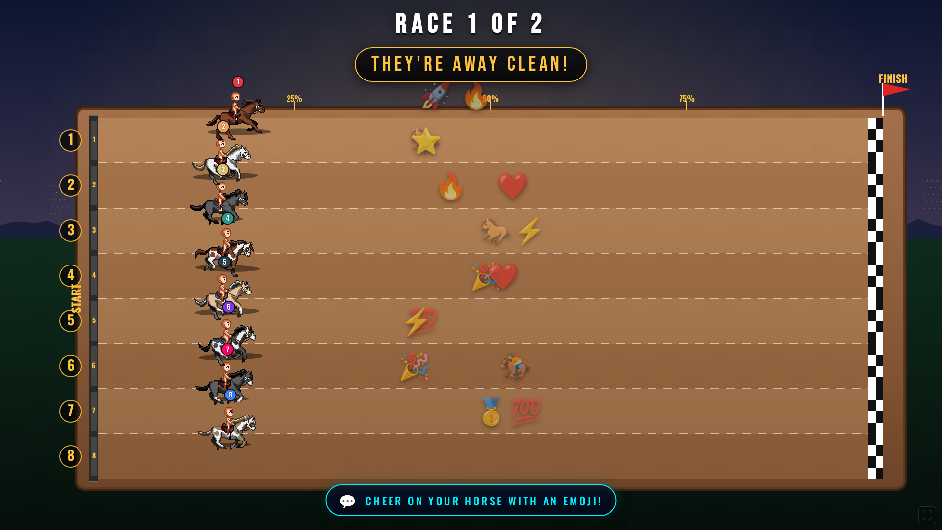 Race with emoji cheers floating above lanes