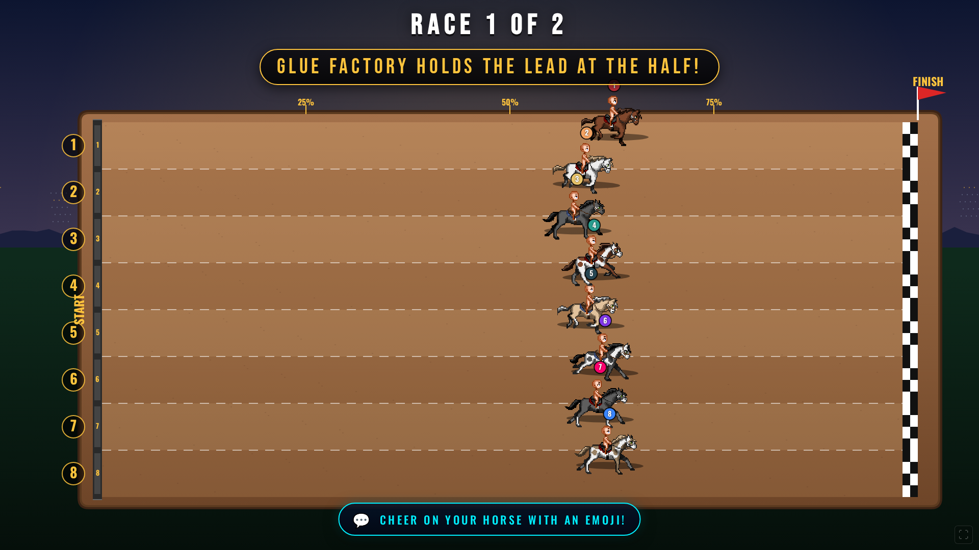 Horse Race mid-race with eight horses spread across lanes